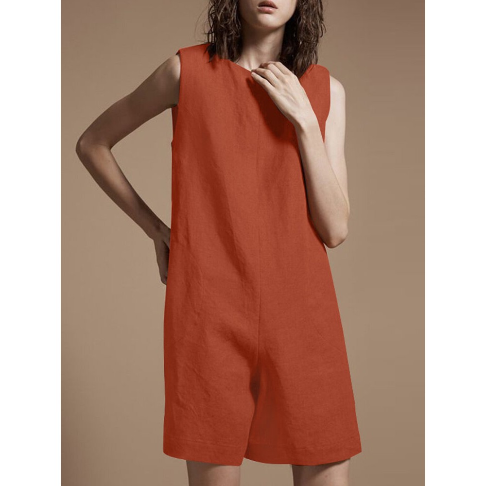 Solid Zip Back Sleeveless Pocket Crew Neck Jumpsuit Solid Zip Back Sleeveless Pocket Crew Neck Jumpsuit