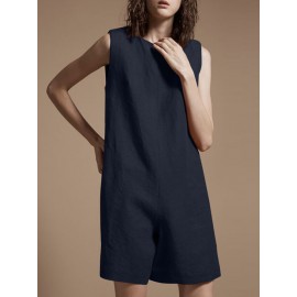 Solid Zip Back Sleeveless Pocket Crew Neck Jumpsuit Solid Zip Back Sleeveless Pocket Crew Neck Jumpsuit