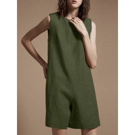 Solid Zip Back Sleeveless Pocket Crew Neck Jumpsuit Solid Zip Back Sleeveless Pocket Crew Neck Jumpsuit