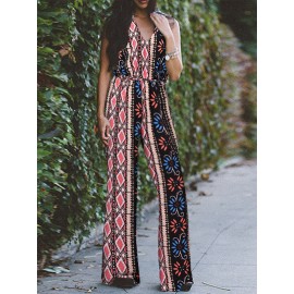 Women Floral Geometric Print V-Neck Bohemian Sleeveless Jumpsuit Women Floral Geometric Print V-Neck Bohemian Sleeveless Jumpsuit