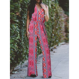 Women Floral Geometric Print V-Neck Bohemian Sleeveless Jumpsuit Women Floral Geometric Print V-Neck Bohemian Sleeveless Jumpsuit