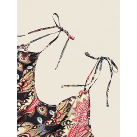 Women Allover Print Backless Tie Shoulder Strap Jumpsuit Women Allover Print Backless Tie Shoulder Strap Jumpsuit