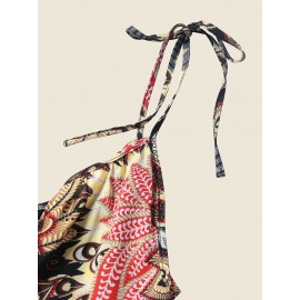 Women Allover Print Backless Tie Shoulder Strap Jumpsuit Women Allover Print Backless Tie Shoulder Strap Jumpsuit