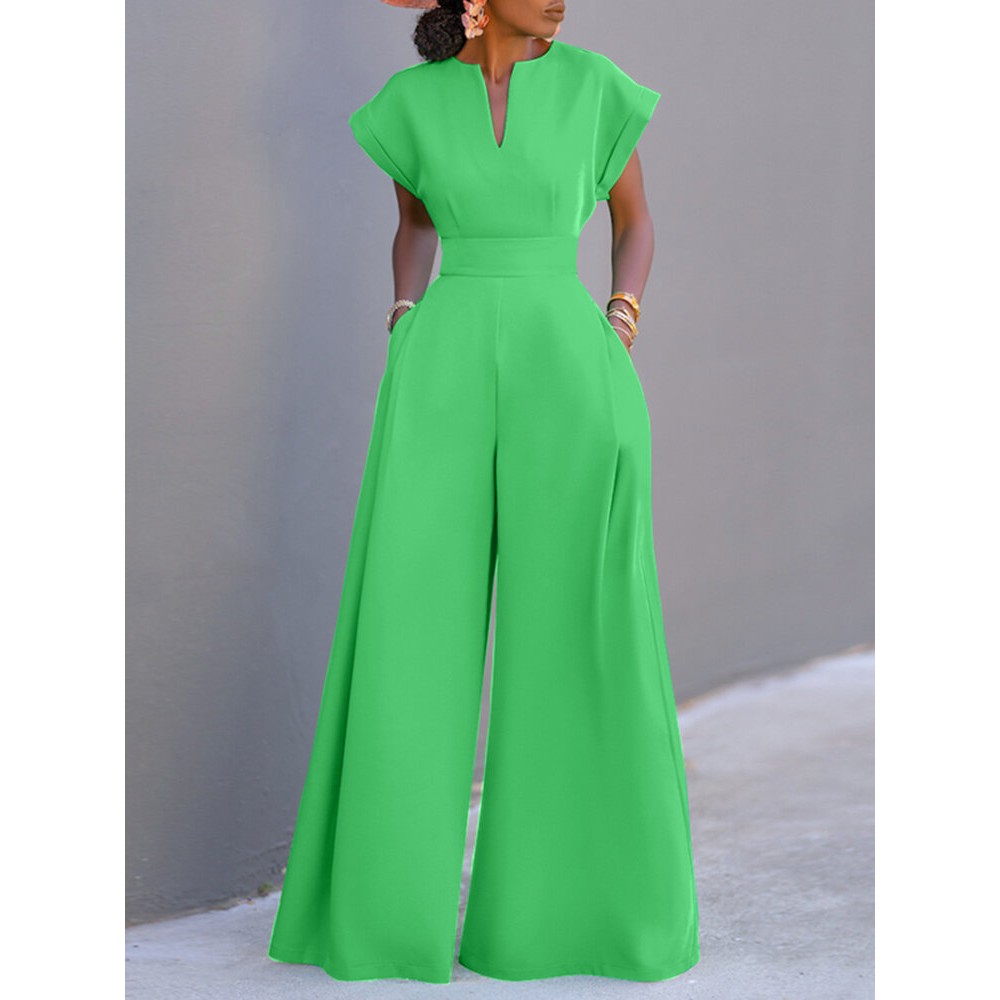 Women Solid Notched Neck Short Sleeve Wide Leg Jumpsuit Women Solid Notched Neck Short Sleeve Wide Leg Jumpsuit