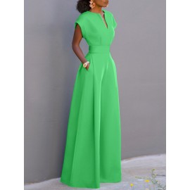 Women Solid Notched Neck Short Sleeve Wide Leg Jumpsuit Women Solid Notched Neck Short Sleeve Wide Leg Jumpsuit