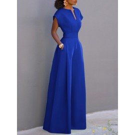 Women Solid Notched Neck Short Sleeve Wide Leg Jumpsuit Women Solid Notched Neck Short Sleeve Wide Leg Jumpsuit