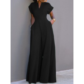 Women Solid Notched Neck Short Sleeve Wide Leg Jumpsuit Women Solid Notched Neck Short Sleeve Wide Leg Jumpsuit
