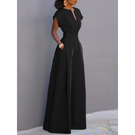 Women Solid Notched Neck Short Sleeve Wide Leg Jumpsuit Women Solid Notched Neck Short Sleeve Wide Leg Jumpsuit
