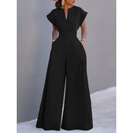 Women Solid Notched Neck Short Sleeve Wide Leg Jumpsuit Women Solid Notched Neck Short Sleeve Wide Leg Jumpsuit