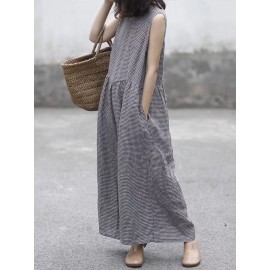 Plaid Wide Leg Sleeveless Baggy Black Overalls Jumpsuit