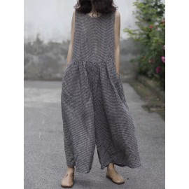 Plaid Wide Leg Sleeveless Baggy Black Overalls Jumpsuit