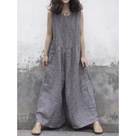 Plaid Wide Leg Sleeveless Baggy Black Overalls Jumpsuit