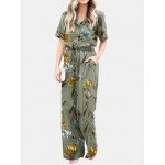 Plant Print Pocket Button Drawstring Casual Cotton Jumpsuit