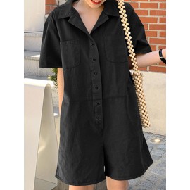 Women Solid Lapel Double Pocket Button Front Casual Jumpsuit Women Solid Lapel Double Pocket Button Front Casual Jumpsuit