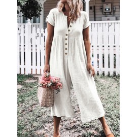 Solid Color Button Casual Wide Legs Short Sleeve Jumpsuit