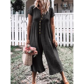 Solid Color Button Casual Wide Legs Short Sleeve Jumpsuit