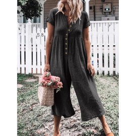 Solid Color Button Casual Wide Legs Short Sleeve Jumpsuit