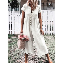 Solid Color Button Casual Wide Legs Short Sleeve Jumpsuit