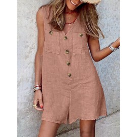 Solid Pocket Button Sleeveless V Neck Casual Romper