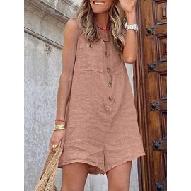Solid Pocket Button Sleeveless V Neck Casual Romper