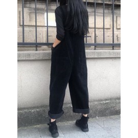 Solid Corduroy Pocket Casual Sleeveless Wide Leg Jumpsuit