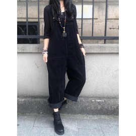 Solid Corduroy Pocket Casual Sleeveless Wide Leg Jumpsuit
