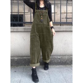 Solid Corduroy Pocket Casual Sleeveless Wide Leg Jumpsuit