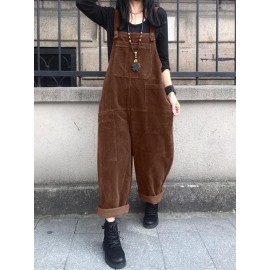 Solid Corduroy Pocket Casual Sleeveless Wide Leg Jumpsuit