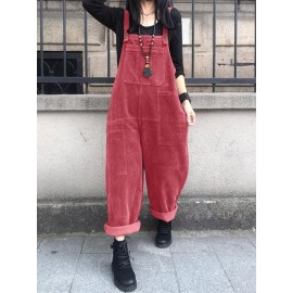 Solid Corduroy Pocket Casual Sleeveless Wide Leg Jumpsuit