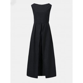 Solid Color O-neck Sleeveless Long Pants Romper Zipper Jumpsuit