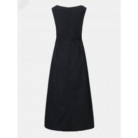 Solid Color O-neck Sleeveless Long Pants Romper Zipper Jumpsuit