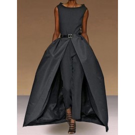 Solid Color O-neck Sleeveless Long Pants Romper Zipper Jumpsuit
