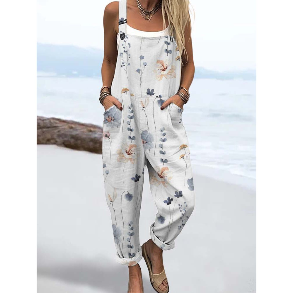 Women Floral Plant Print Double Pocket Overalls Jumpsuit Women Floral Plant Print Double Pocket Overalls Jumpsuit