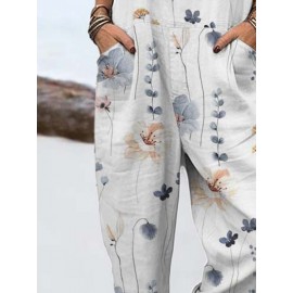 Women Floral Plant Print Double Pocket Overalls Jumpsuit Women Floral Plant Print Double Pocket Overalls Jumpsuit