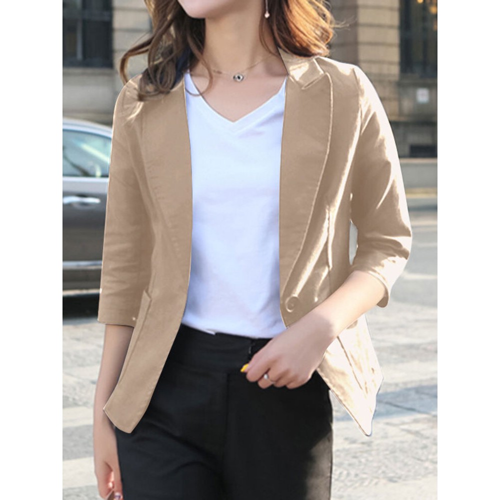 Solid Lapel Pocket Button Front 3/4 Sleeve Blazer Solid Lapel Pocket Button Front 3/4 Sleeve Blazer