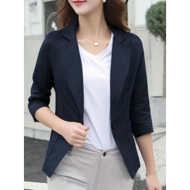 Solid Lapel Pocket Button Front 3/4 Sleeve Blazer Solid Lapel Pocket Button Front 3/4 Sleeve Blazer