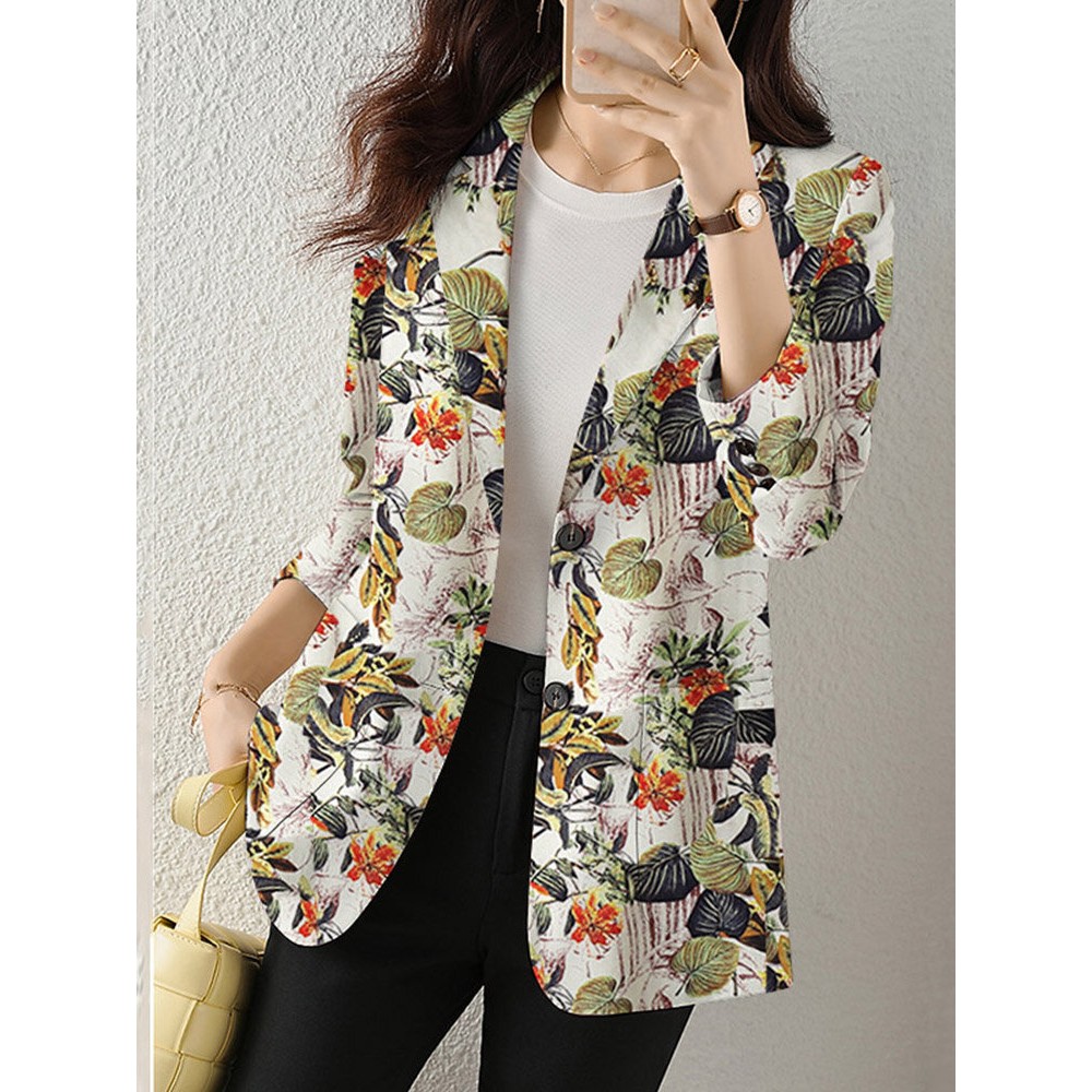 Plants Print Long Sleeve Lapel Blazer For Women Plants Print Long Sleeve Lapel Blazer For Women