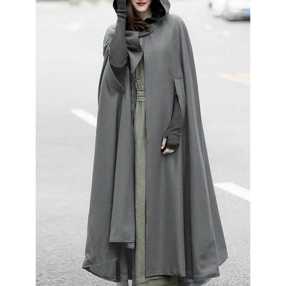 Women Solid Color Button Design Hooded Cloak Coat Women Solid Color Button Design Hooded Cloak Coat