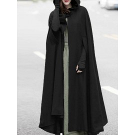 Women Solid Color Button Design Hooded Cloak Coat Women Solid Color Button Design Hooded Cloak Coat