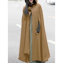 Women Solid Color Button Design Hooded Cloak Coat Women Solid Color Button Design Hooded Cloak Coat