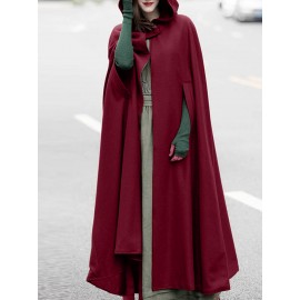 Women Solid Color Button Design Hooded Cloak Coat Women Solid Color Button Design Hooded Cloak Coat