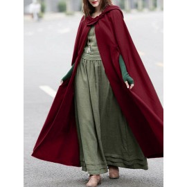 Women Solid Color Button Design Hooded Cloak Coat Women Solid Color Button Design Hooded Cloak Coat