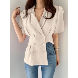 Women Double Breasted Puff Sleeve Solid Lapel Blazer Women Double Breasted Puff Sleeve Solid Lapel Blazer