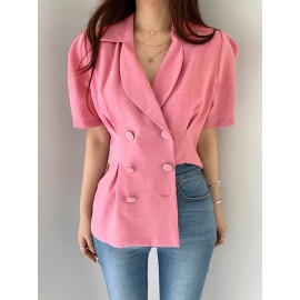 Women Double Breasted Puff Sleeve Solid Lapel Blazer Women Double Breasted Puff Sleeve Solid Lapel Blazer