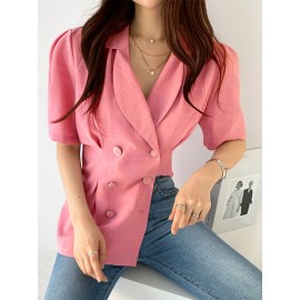 Women Double Breasted Puff Sleeve Solid Lapel Blazer Women Double Breasted Puff Sleeve Solid Lapel Blazer