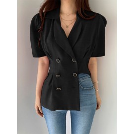 Women Double Breasted Puff Sleeve Solid Lapel Blazer Women Double Breasted Puff Sleeve Solid Lapel Blazer