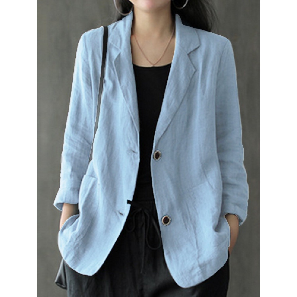 Solid Button Pocket Lapel Casual Cotton Blazer Solid Button Pocket Lapel Casual Cotton Blazer