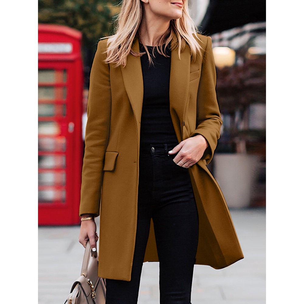 Solid Long Sleeve Buttton Lapel Midi Coat For Women Solid Long Sleeve Buttton Lapel Midi Coat For Women