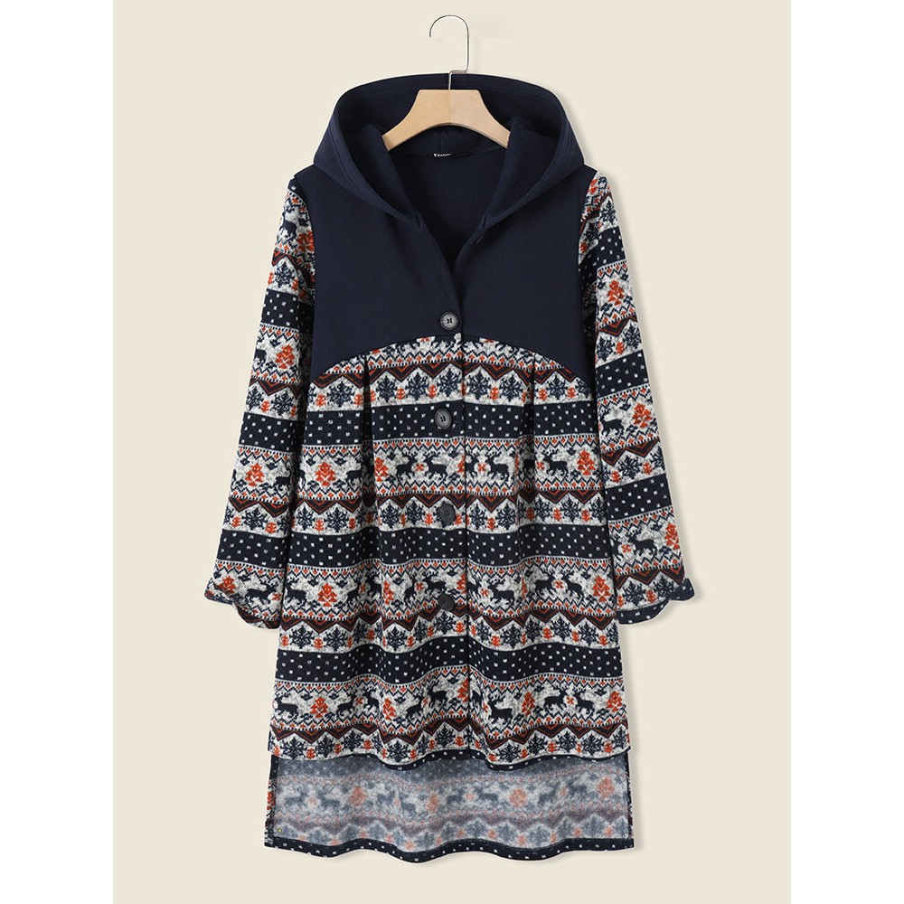 Elk Floral Pattern Button Hooded Long Sleeve Coat Elk Floral Pattern Button Hooded Long Sleeve Coat