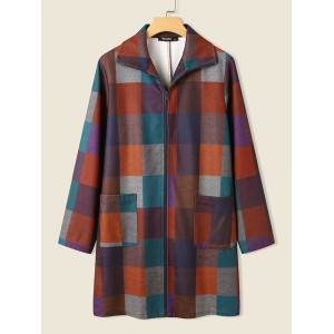 Check Pattern Zip Front Pocket Long Sleeve Lapel Coat